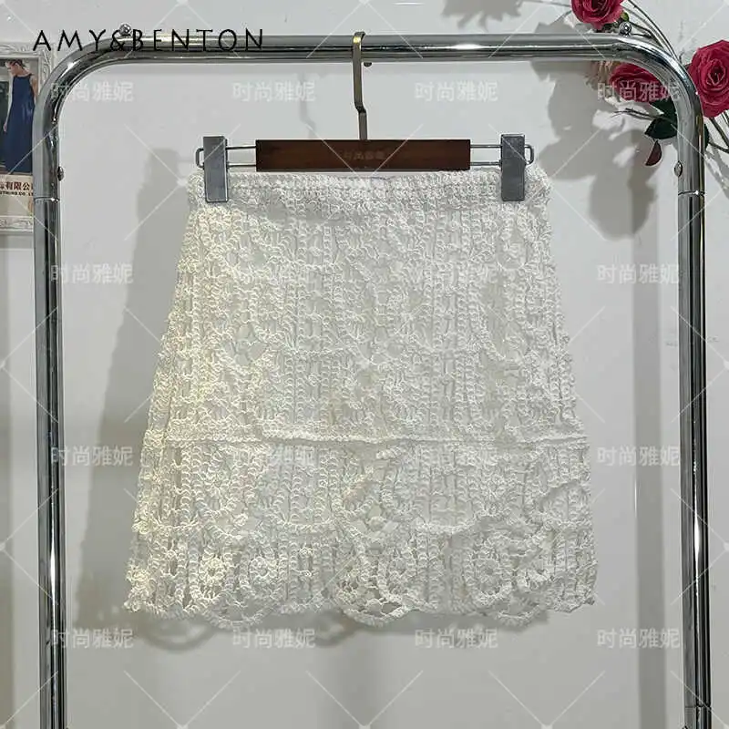 Fashion Summer Vintage Lace Mini Skirt Sheath Exquisite Sexy Cutout A-line Elastic Waist One-Step Short Skirts Women's Clothing