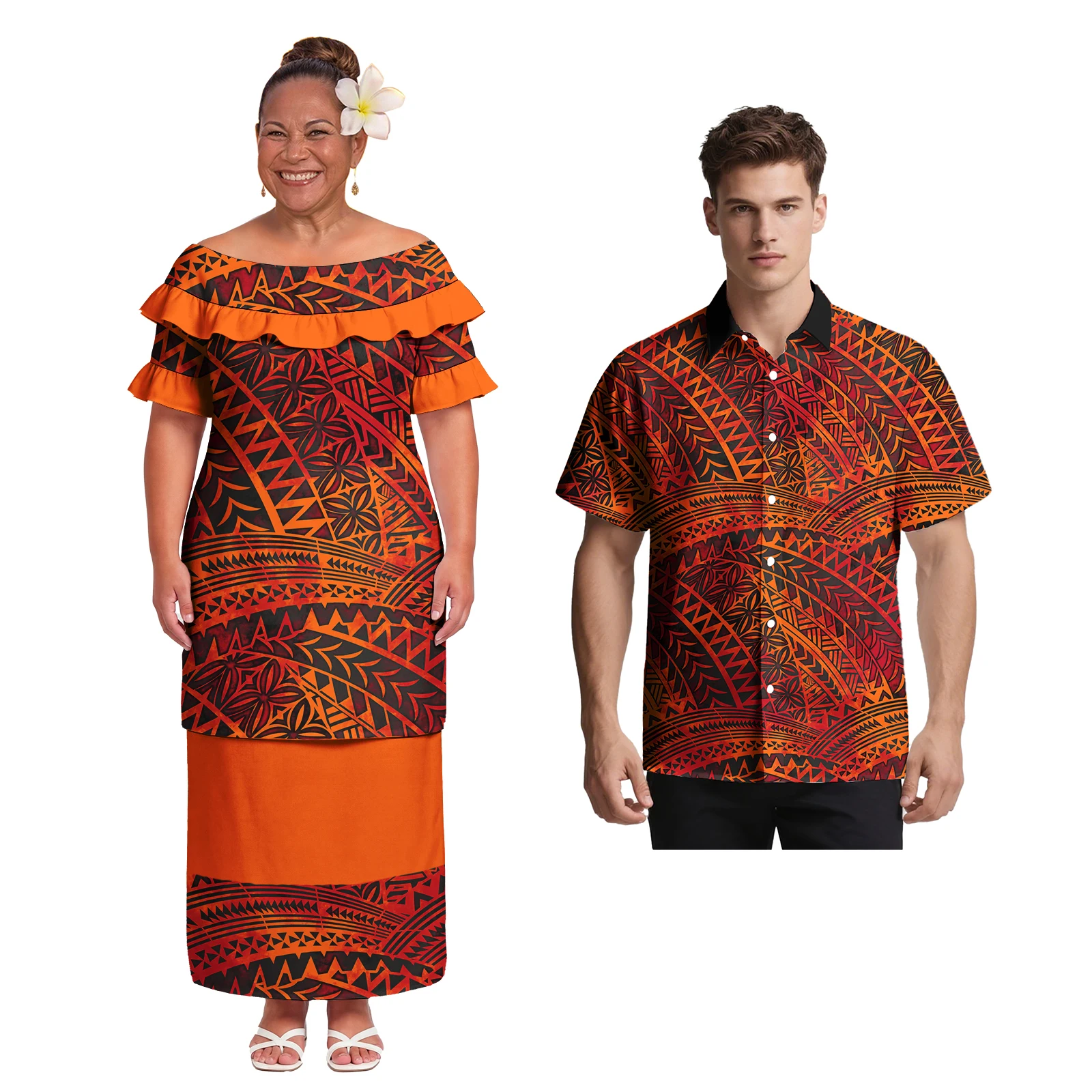 Hot Sale Holiday Polynesian Ladies Tribal Oversize Puletasi Hawaiian Island Women Dress Petal Sleeve Samoan Puletasi 2 Piece Set view 3