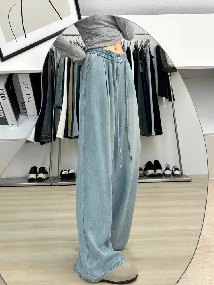 High Waist Wide Leg  Denim Pants Women Summer Thin Loose Slimming Ice Silk Long Pants Casual Sle Iron Free Procing