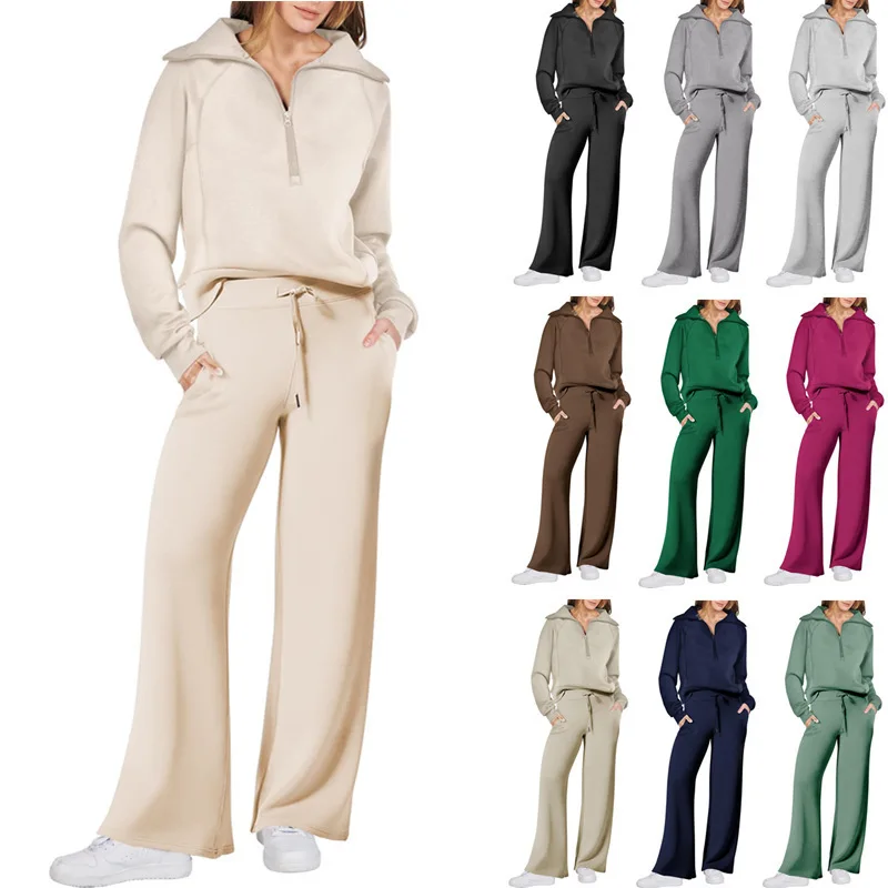 Autumn and Winter Fashion Casual Sports Suit Zipper Long-sleeved Sweater Wide-leg Pants Two-piece Sets for Women