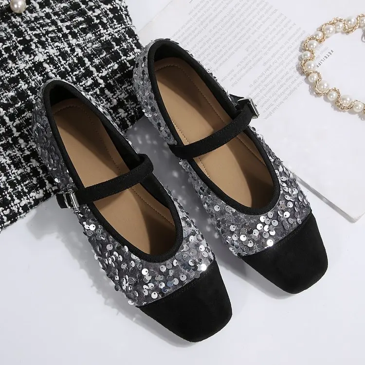 

Women's Sequined Decor Square Toe Mary Jane Flats Ankle Buckle Strap Elegant Party Dress Shoes for Prom Night Out Daily Wear