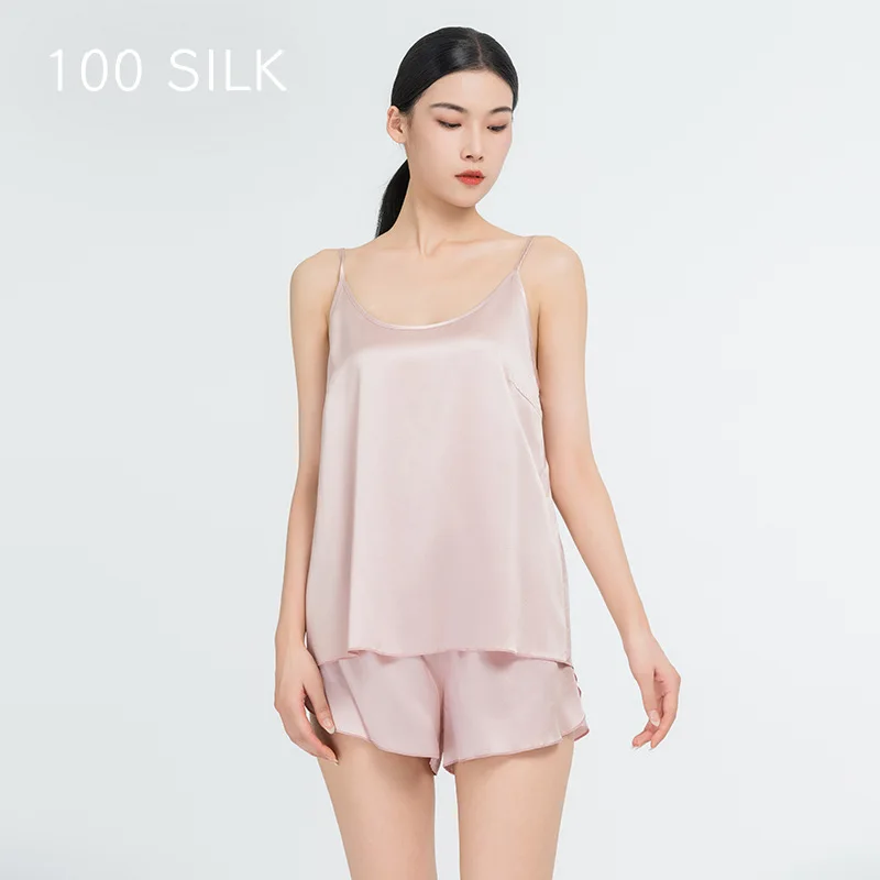 100% Mulberry Silk Camisole Set Sexy Minimalist Vest Shorts Sleepwear Spaghetti Strap Cami Top Split Back Shorts Pajama 2pcs Set