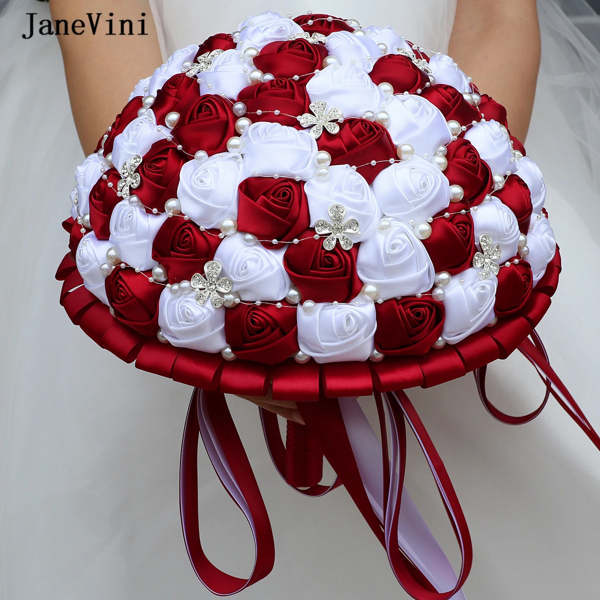 JaneVini Luxury 30cm Large Bridal Bouquets Burgundy White Flowers Artificial Satin Roses Bride Fake Bouquet Wedding Accessories