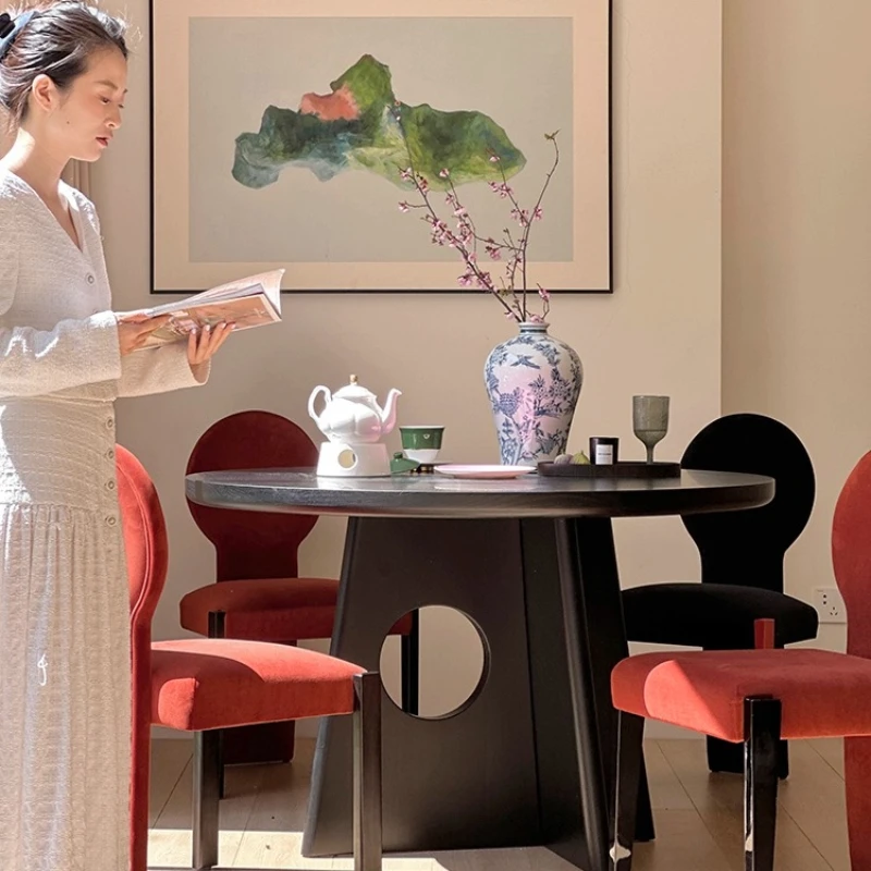 

French antique round table, solid wood dining table, household round table, dining table and chairs