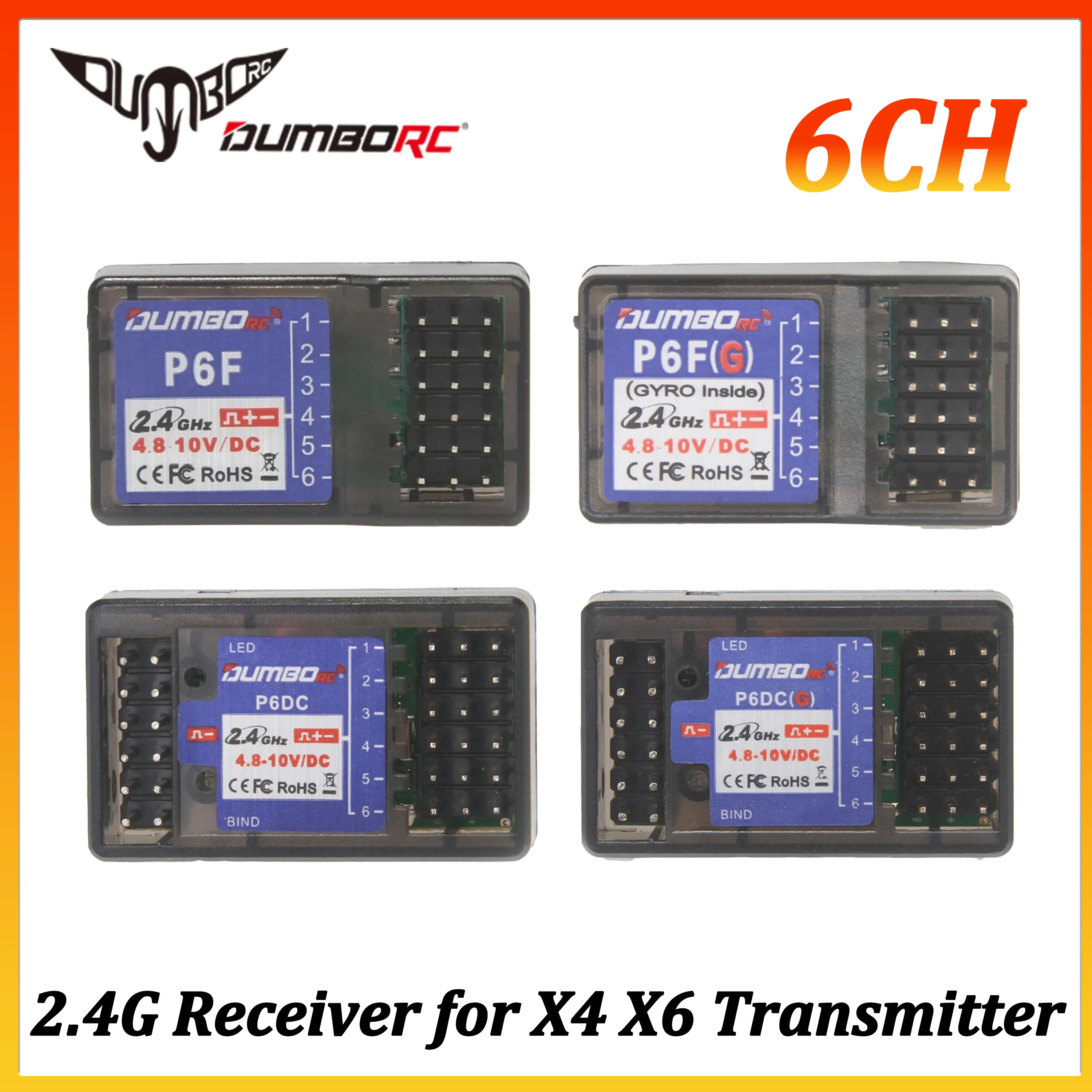 DUMBORC P6F P6FG P6DC P6DCG 6CH 2.4G Receiver Radio System for X4 X6 DDF-350 Transmitter Remote Controller RC Car Model Axial