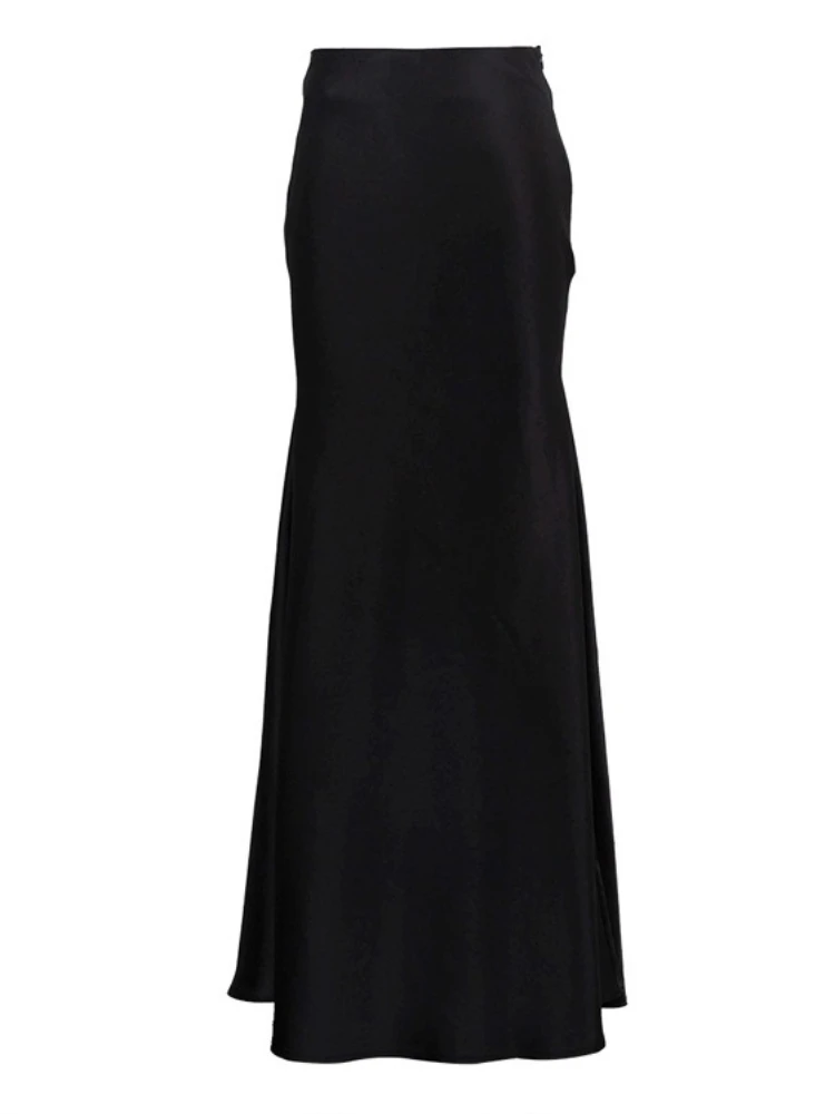 Tossy Black Satin Elegant Long Skirt For Women Solid High Waist Patchwork Slim Commute Straight Bodycon Skirt Women's Maxi Skirt