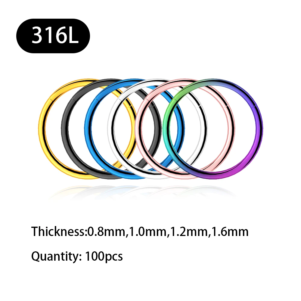 100PCS 316L Nose Rings Mixed Color Body Clips Hoop For Women Men Cartilage Piercing Jewelry Segment Lip Ear L Ring Hoop