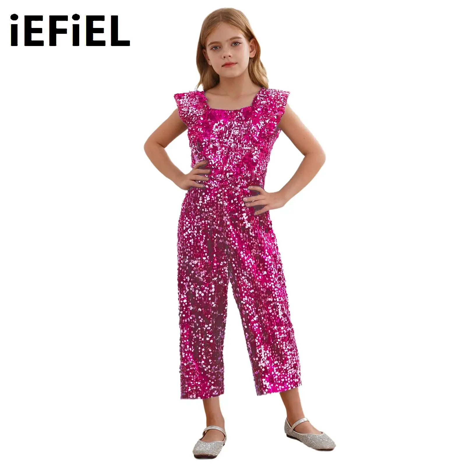 

Kids Girls Sparkly Sequins Jumpsuit Square Collar Sleeveless Wide Leg One Piece Summer for Party Celebration