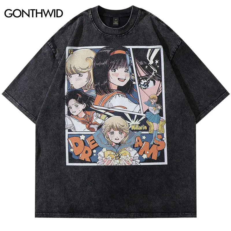 Harajuku Vintage Tshirt Streetwear Japanese Anime Cartoon Girl Print Washed Short Sleeve T-Shirt 2023 Men Casual Loose Tee Tops