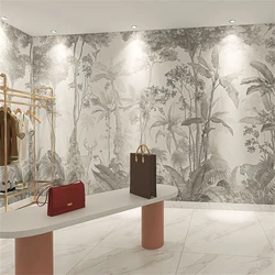 Papel tapiz personalizado de bosque de línea blanca y negra europea, mural 3D de animales de bosque lluvioso tropical, sala de comedor del sudeste asiático