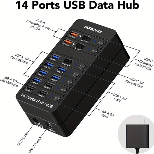Imagen 2 del producto SUNKANDI Hub USB alimentado 14 en 1, concentrador de datos USB LED de encendido/apagado individual USB 3.0, USB 2.0, carga USB-A/C para computadora portátil