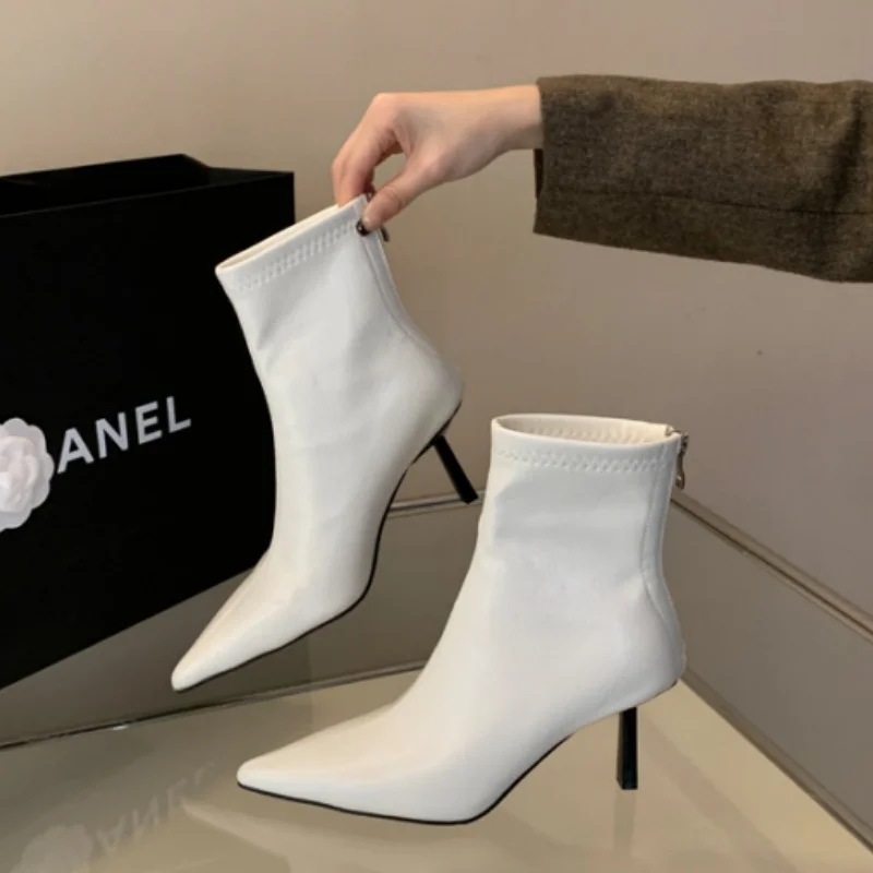 2024 Herbst und Winter spitze Zehen kurze Stiefel zurück Reiß verschluss Büro kleid Mode sexy elastische Kraft dünne Ferse Stiefeletten für Frauen