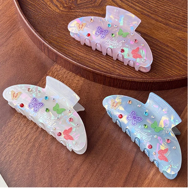 Fashion Dazzling 9.6CM Mermaid Coloful Hair Clip For Sweet Girls Butterfly Prints Rhinestones Shark Clip Hair Accessories