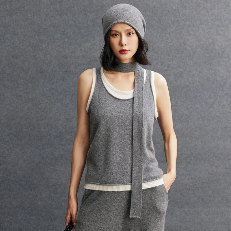 

Новый женский 100% кашемировый жилет, офисный женский простой стильный свитер без рукавов, весенне-осенний кашемировый трикотаж, искусственные топы из двух предметов