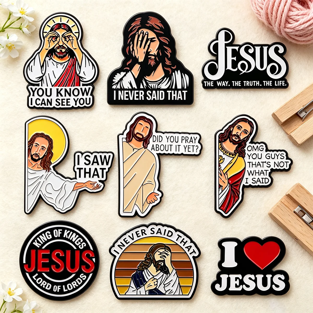 9 Stück Faith Humor Jesus Metall-Emaille-Pins Zitat-Broschen Abzeichen für Rucksäcke Kleidung Accessoires Schmuck Geschenk für Freunde – Detail 4