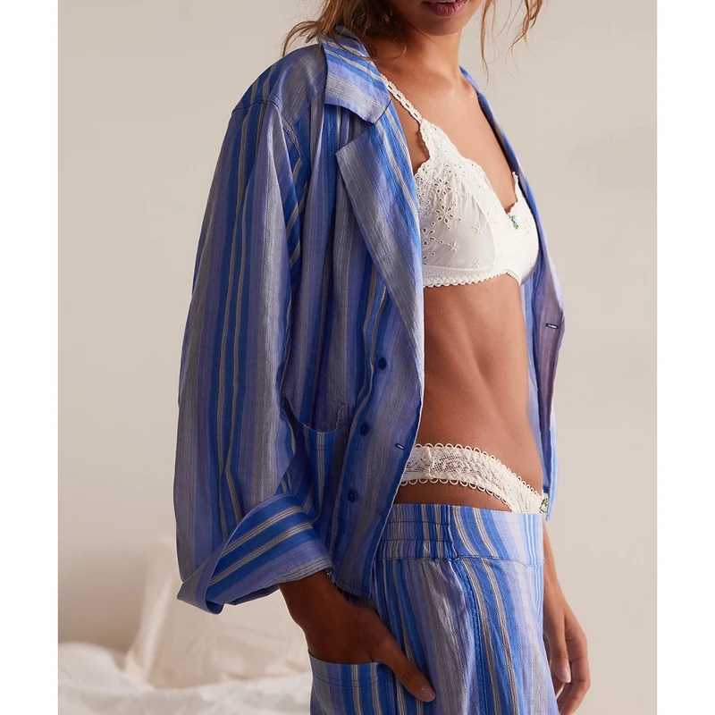 

Combhasaki Women Y2k Stripe Pajamas 2Piece Set Long Sleeve Lapel Button Down Pocket Shirt with Pants Loungewear Pjs Home Clothes