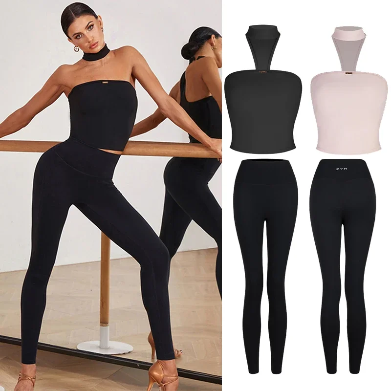 

Women Summer Practicce Training Clothing Strapless Tops Elastic Pants Leggings Sport Cha Cha Wear Latin Dance Clothes