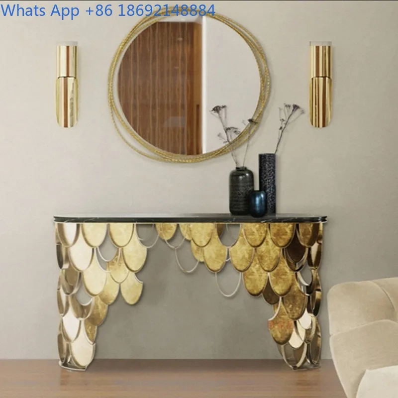 

Fashionable Minimalist Stainless Steel Entryway Italian Style Marble Rock Slab Entryway Table Entryway Hallway Console Table