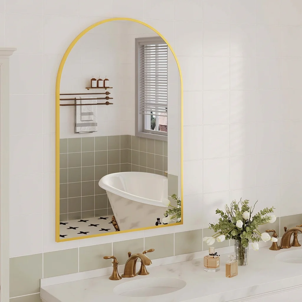 Miroir mural moderne à cadre arqué, miroir de coiffeuse avec cadre en métal – verre trempé incassable de 5 mm, résistant à la rouille, à suspendre ou à poser, facile à installer – 20 x 30 pouces, couleur or.