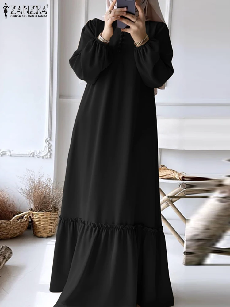 

Fashion Women Spring Long Sleeve Casual Maxi Long Dress ZANZEA Vintage Solid Ruffle Hem Vestido Robe Femme Mulism Abaya Sundress