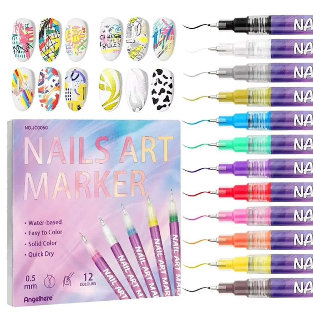 

12 Colors Nail Art Graffiti Pens Waterproof Quick Drying Nail Doodle Pens 0.5mm Acrylic Paint Nail Marker Drawing Salon Nail