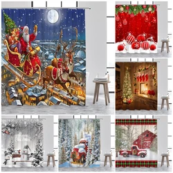 Christmas Shower Curtain Winter Town Santa Claus Reindeer Snowman Red Truck Xmas Tree New Year Home Bathroom Decor Bath Curtains