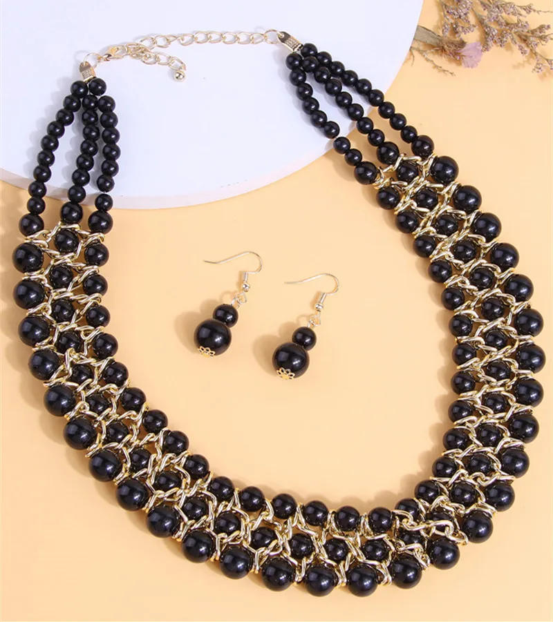 Kymyad Necklace Earrings Jewelry Set For Women Multilayer Black Beads Women Necklace Handmade Jewelry Set Ladies Accessories