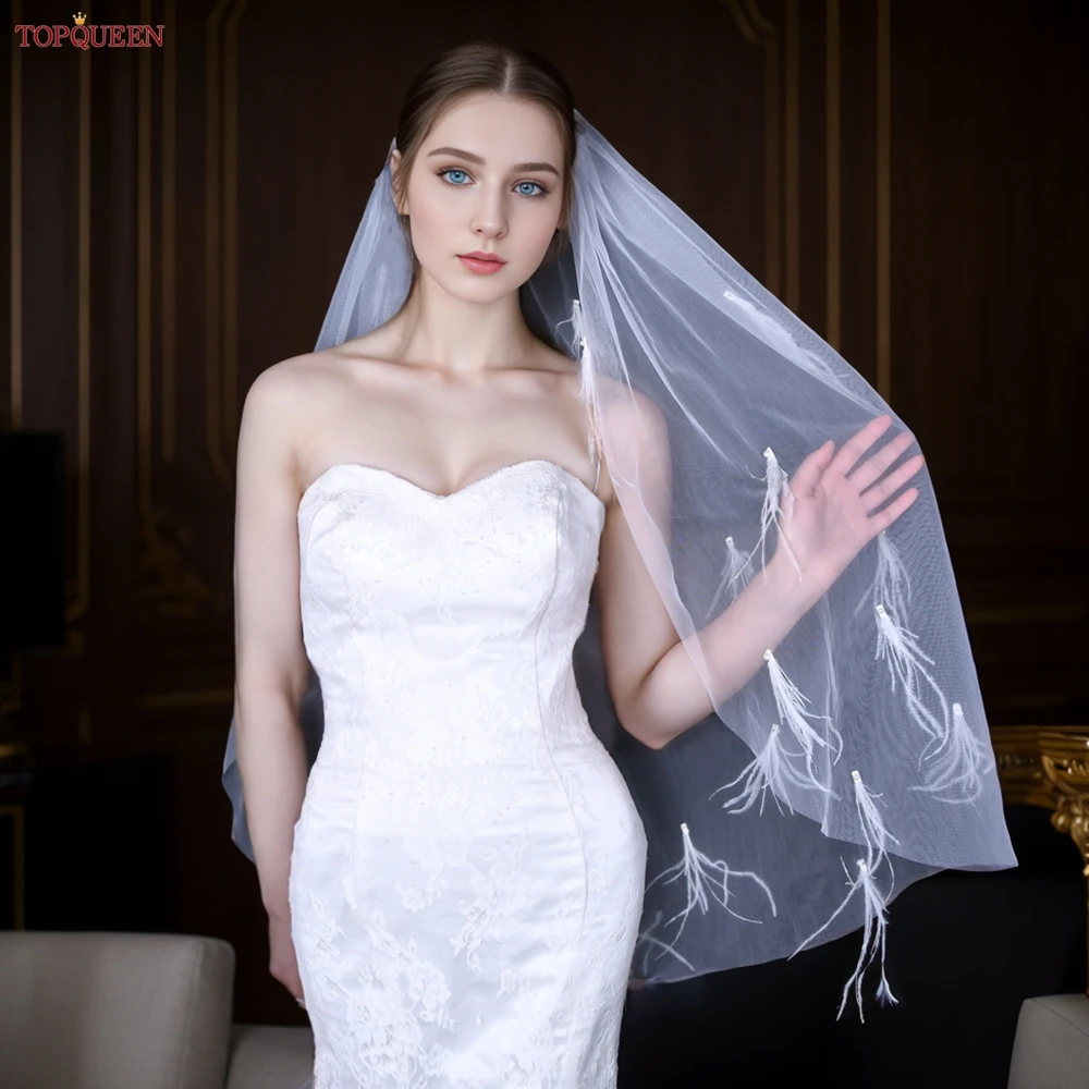 TOPQUEEN 1 Tier 3d Feather Pearl Bridal Veil Soft Tulle Wedding Velos De Novia Lujo Wedding Dress 2024 Bride Accessories V195