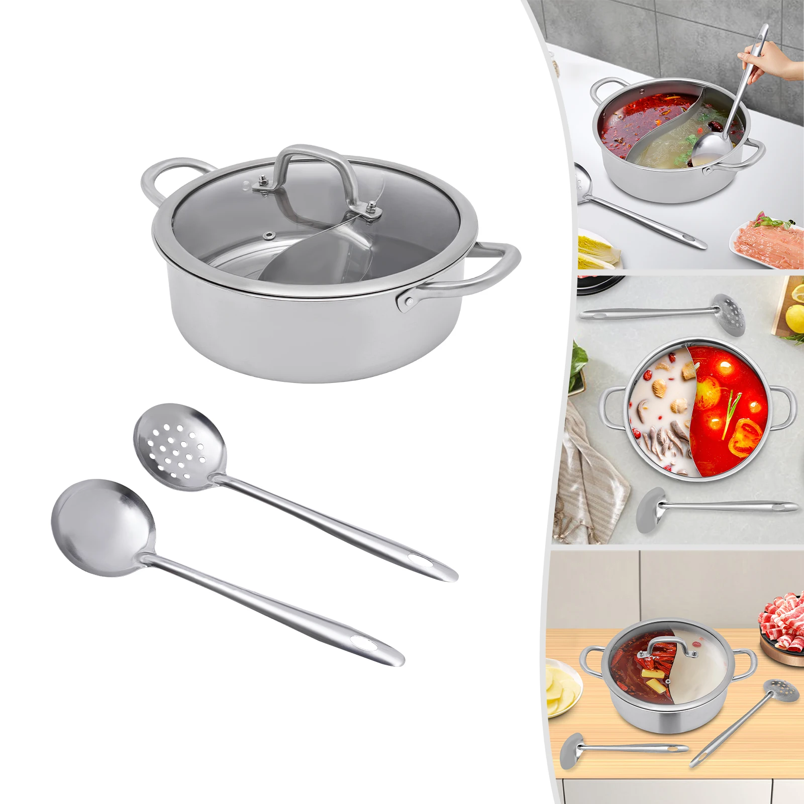 

32cm/28cm Stainless Steel Hot Pot with Divider, Pot with Glass Lid, Hot Pot with Spoon/ Leaky Spoon