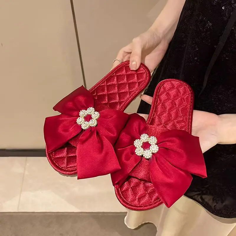 

Women Diamond Encrusted Bow One Word Silk Slippers Soft sole Non Slip High Quality Lightweight Home Slippers Red Wedding Slipper