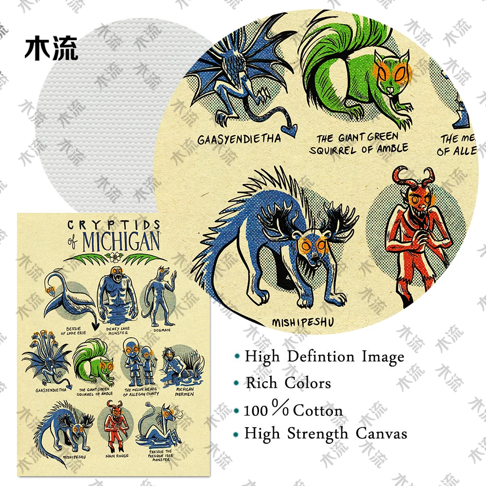 كريبتيدز ماين، ماريلاند وميشيغان، لوحة فنية جدارية عتيقة على القماش، رجل الماعز، قطة الشيطان، دوبور شيطان، طباعة ملصق فني قوطي
