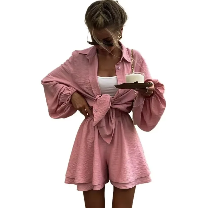 2026 الصيف مجموعات قصيرة مجموعات قصيرة فضفاضة غير رسمية للنساء 2 قطعة مجموعات ملابس النساء سبا عطلة فضفاض موضة السراويل الدعاوى امرأة