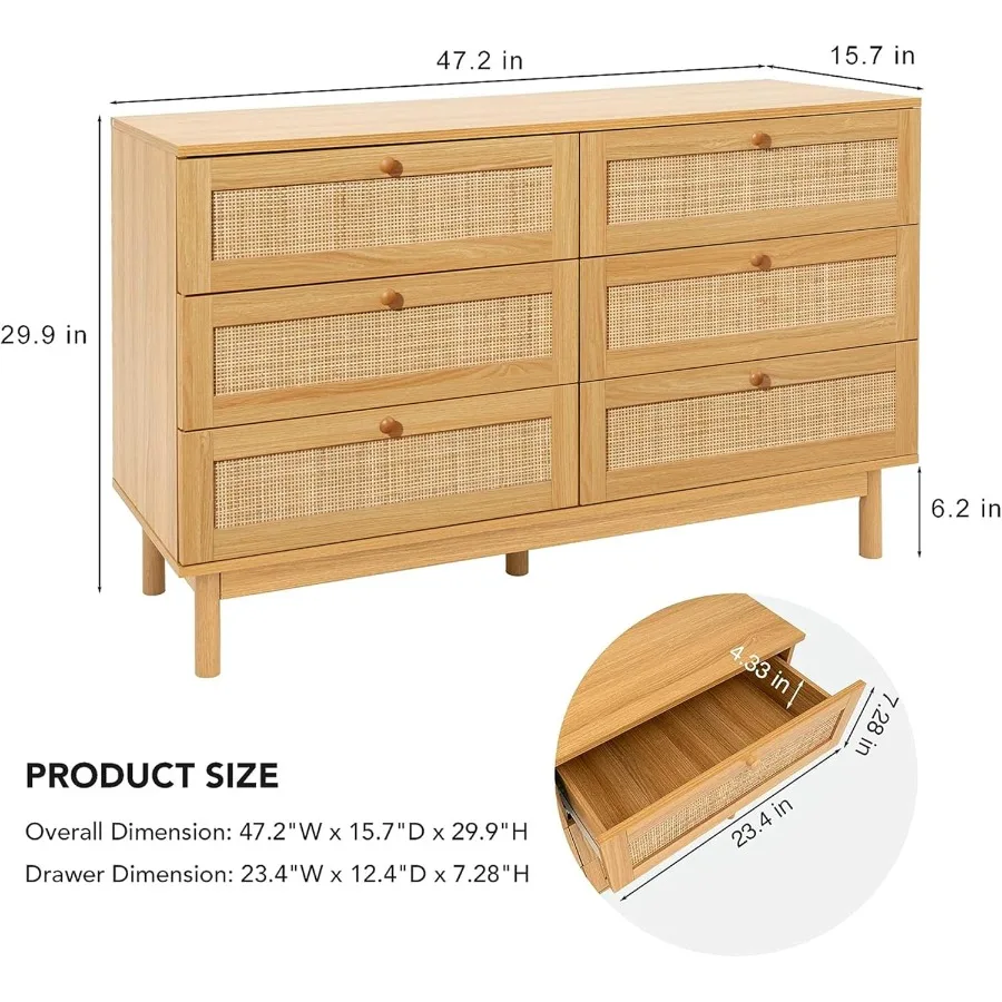 خزانة ذات 6 أدراج من الروطان لغرفة النوم 47.2 خزانة ذات أدراج من الروطان مع حامل تلفزيون مزدوج للتخزين لخزانة غرفة المعيشة Ha