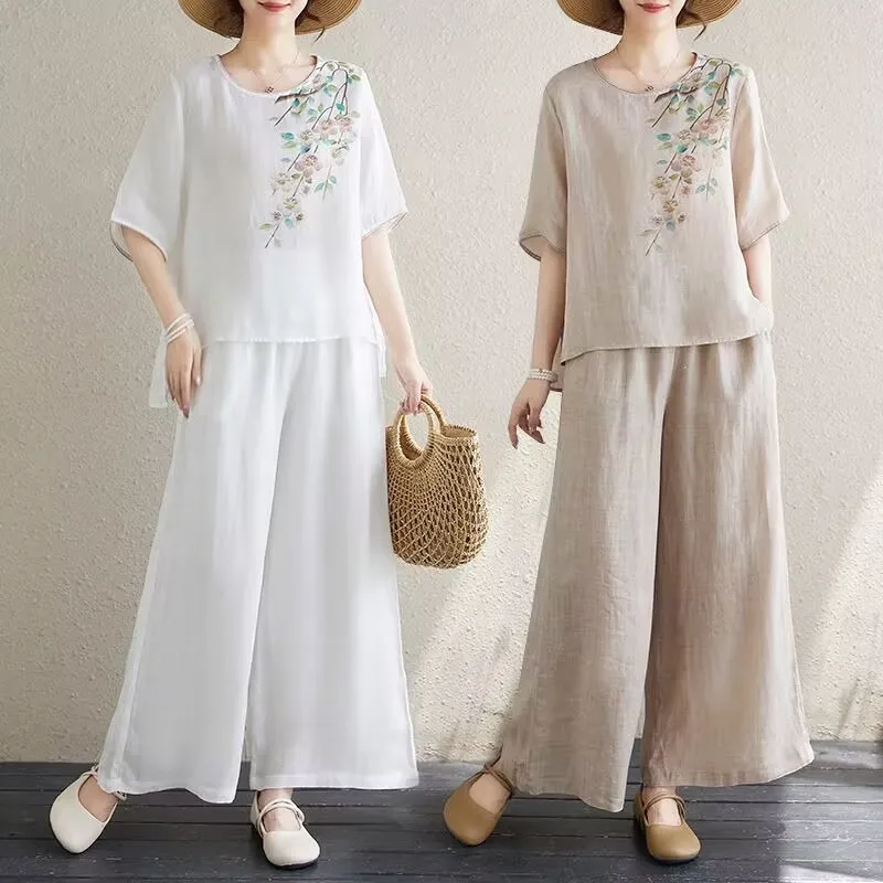 Large Size 4XL Summer Women Wide Leg Pants Two-piece Set Retro O-Neck Printed Linen Cotton Tops Pants 2PCS Korean Thin Outfits