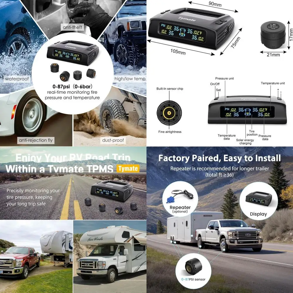 

TM2 RV Tire Pressure Monitoring System, Tire Pressure Monitor with Solar Charge, TPMS with 4 Sensors(Max. 10) & 6 Alarm Modes, N