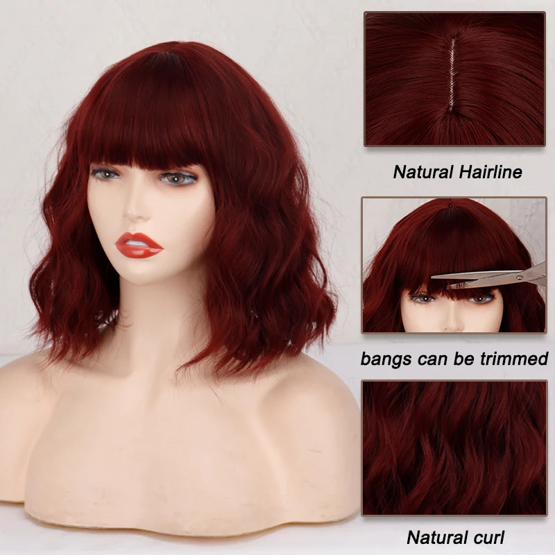 Short Bob Synthetic Wigs for Women Short Wavy Wigs with Bangs Wavy Bob Wig Wine Red Wig Heat Resistant Fiber Cosplay hair