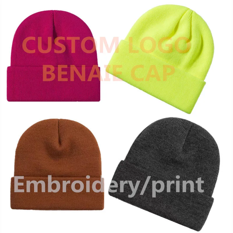 Warm beanie cap with diy logo Adult men solid skullies gorros Custom knitted hat for women Curled elastic skullies caps gorras