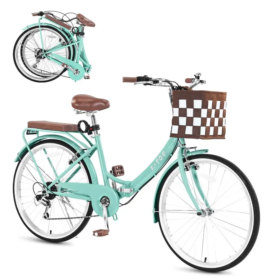 

Foldable Beach Cruiser Bike for Women, 26 Inch Womens Bike with Basket, 7 Speed Commute Bike Adult Bicycles for Women, HighCarb