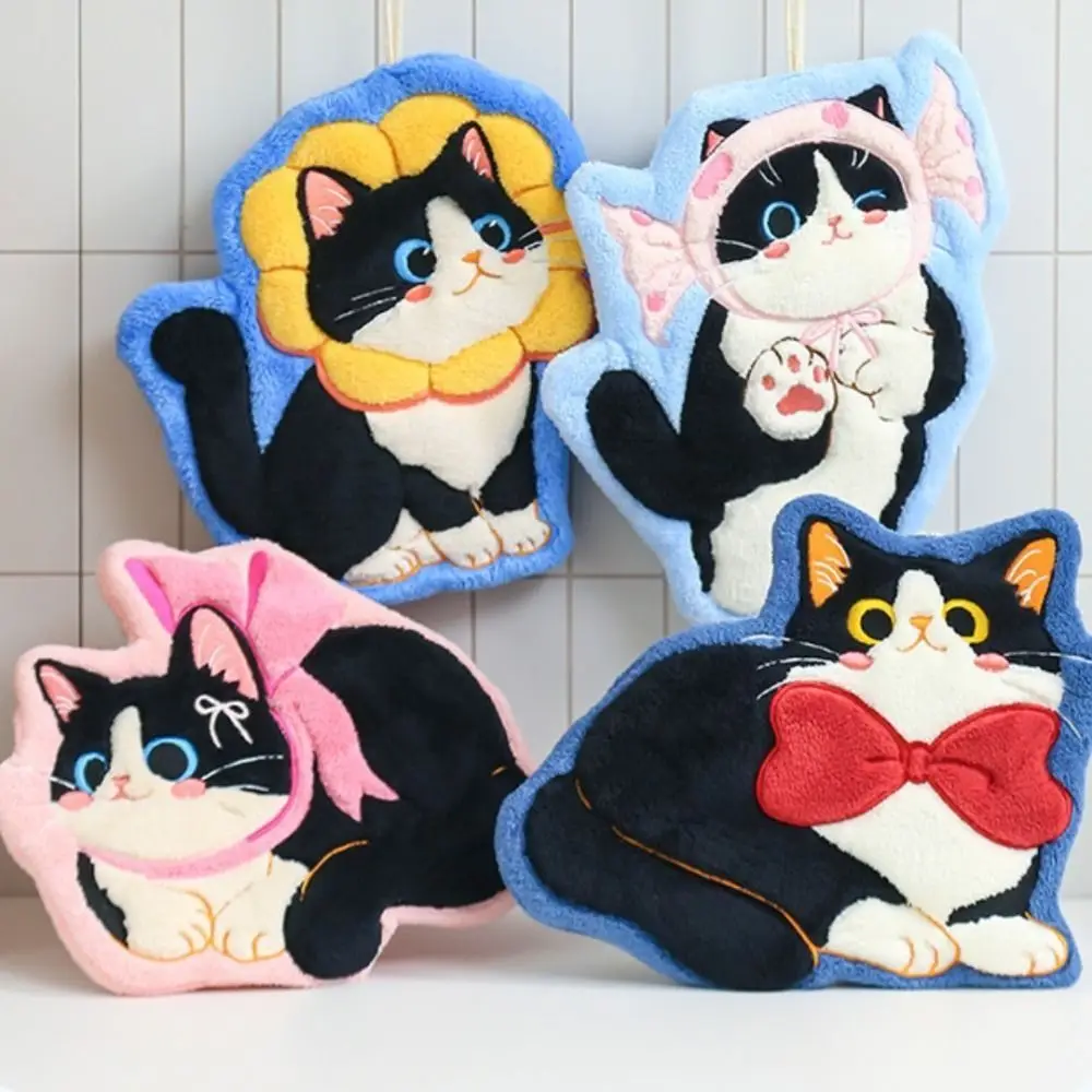 Cute Cat Hand Towel Coral Fleece Strong Water Absorption Bathroom Kerchief Hanging Style Soft Washcloth Kitchen