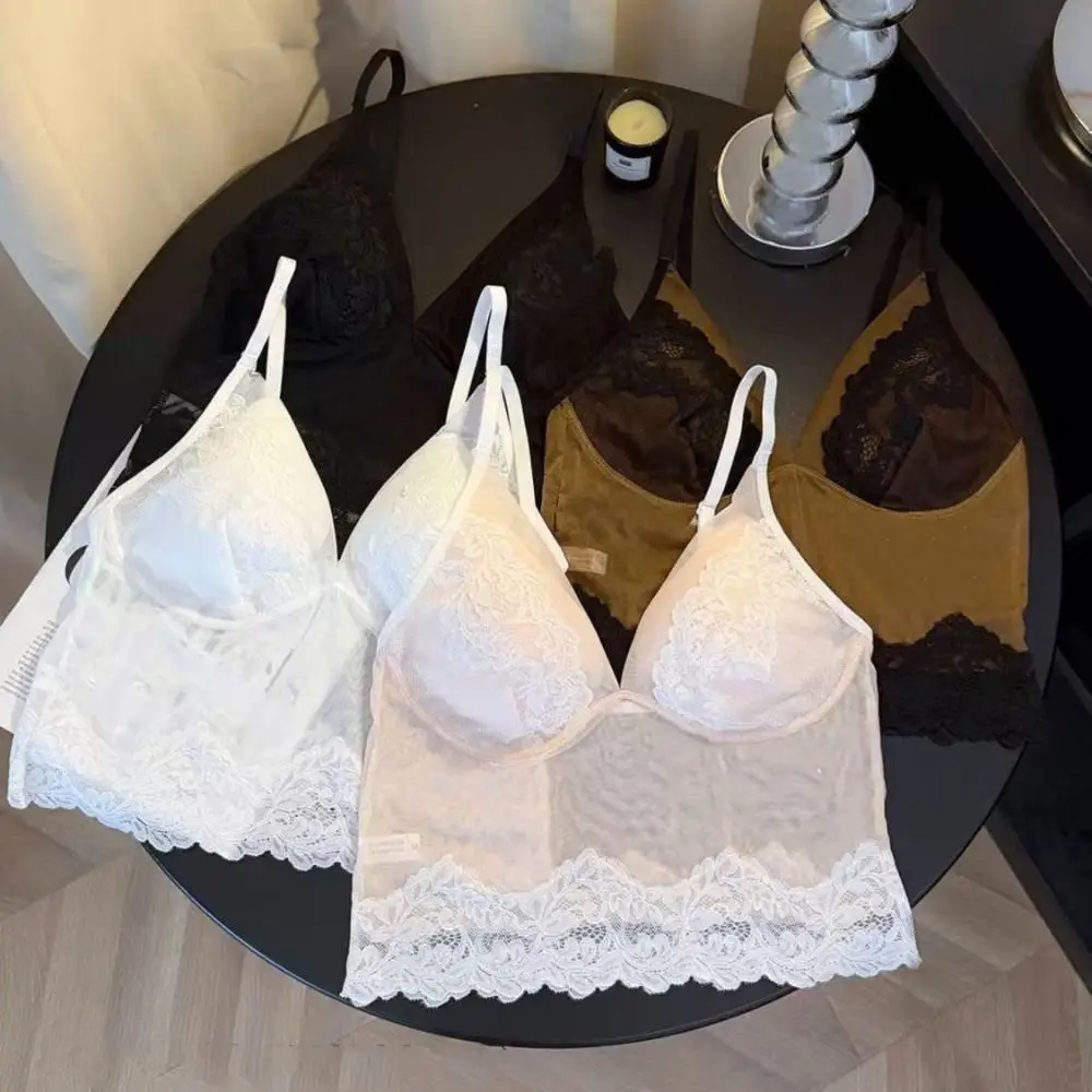 

Thin Mesh Transparent Sleeveless Crop Top V Neck Slim Fit Women's Vest Top Seamless Undershirts Lace Camisole with Pads Girl