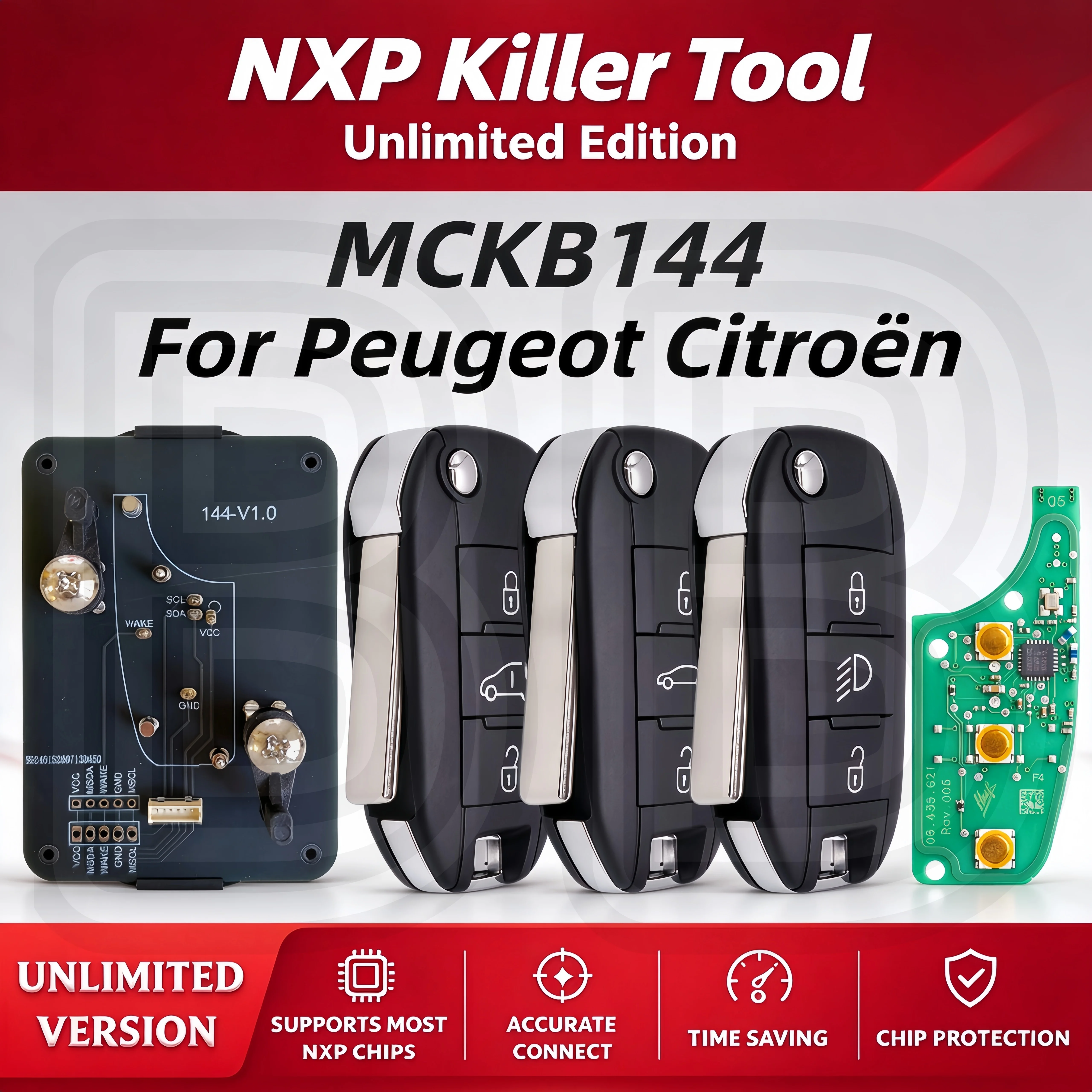 Mckb144 Adapter, Read-Write & Clone, Oem-Pcb Id4A 433Mhz Suitable for Peugeot 208/2008/3008, Citroen C3/C4, Opel Corsa/Vivaro/Mokka, Toyota Proace