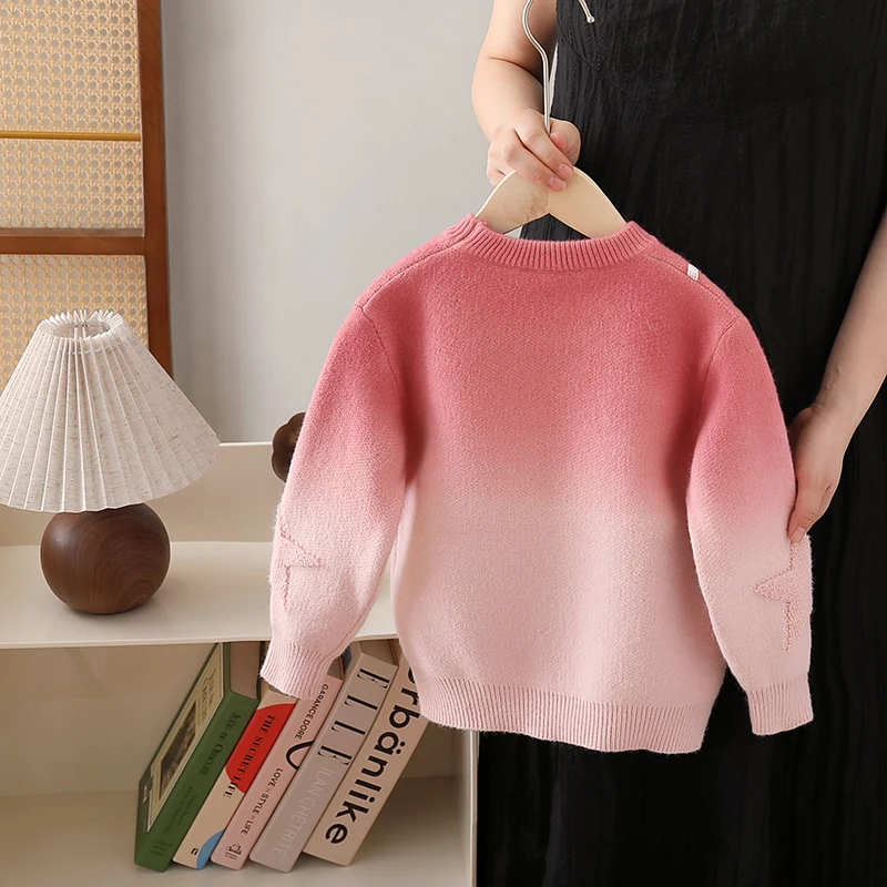 Unique Kids Designer Pink Sweater with Pearl Stars For Girls Fashion Knitted Outfit Streetwear Child New Spring Clothes Knitwear