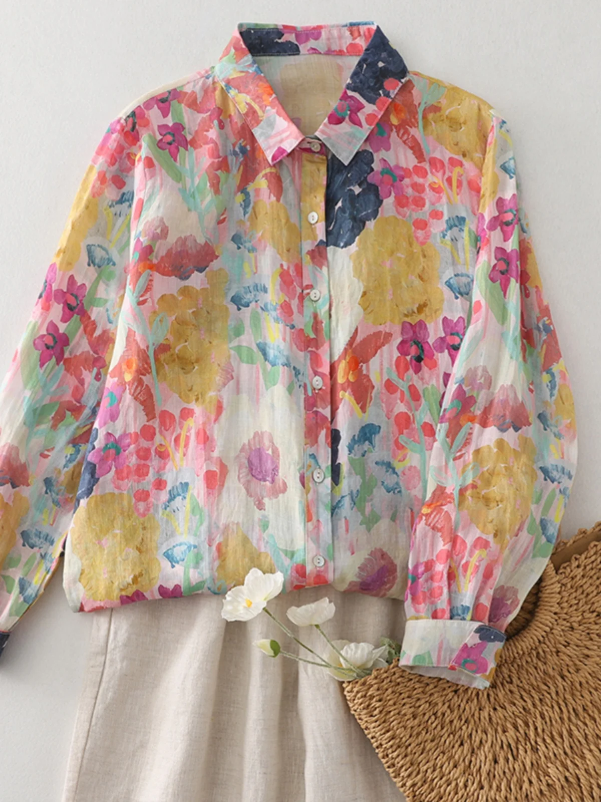 

Casual Cotton Linen irt Women's Loose Fit Printed Collar Sun Protection Top Autumn Season Faion Retro Sle Long Sve