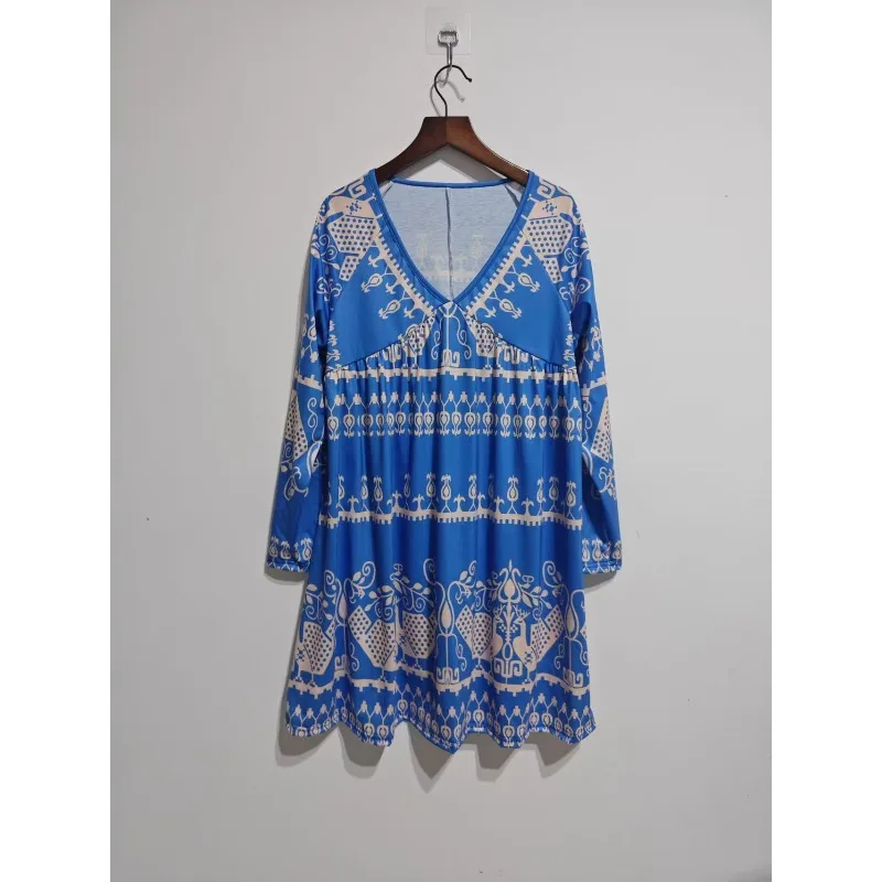 New Women's Autumn Short Skirt Loose V-neck Full Body Printed Fashion Dress Pullover Long Sleeve Dress Summer Bodycon Dress