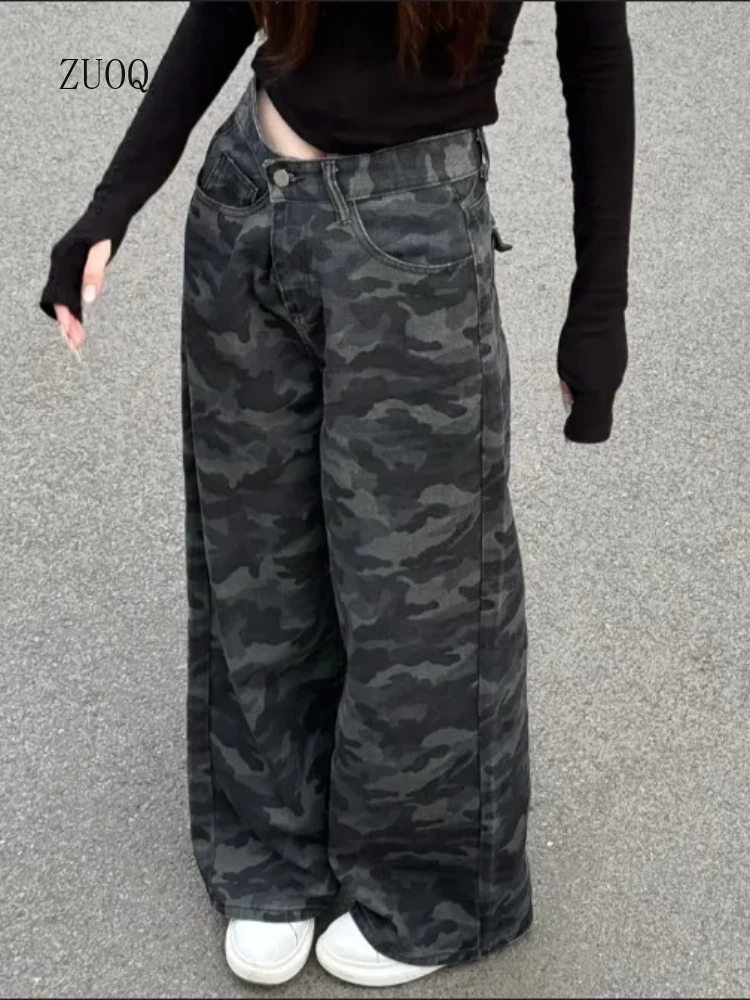 

2025 американские повседневные камуфляжные брюки женские новые ретро свободные ленивый стиль широкие джинсовые брюки-карго женские