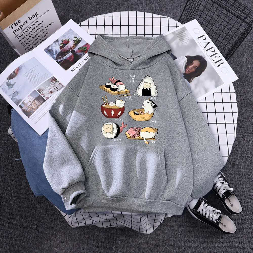Sushi Katzen Tag Harajuku Gedruckt Hoody Damen Mode Kleidung Herbst Fleece Sweatshirt Casual Rundhals Weibliche Streetwear