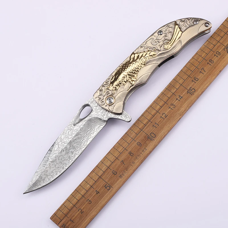 

New All Steel Carp Relief Steel Handle Damascus Folding Camping Fishing Pocket EDC Outdoor Collection Knife