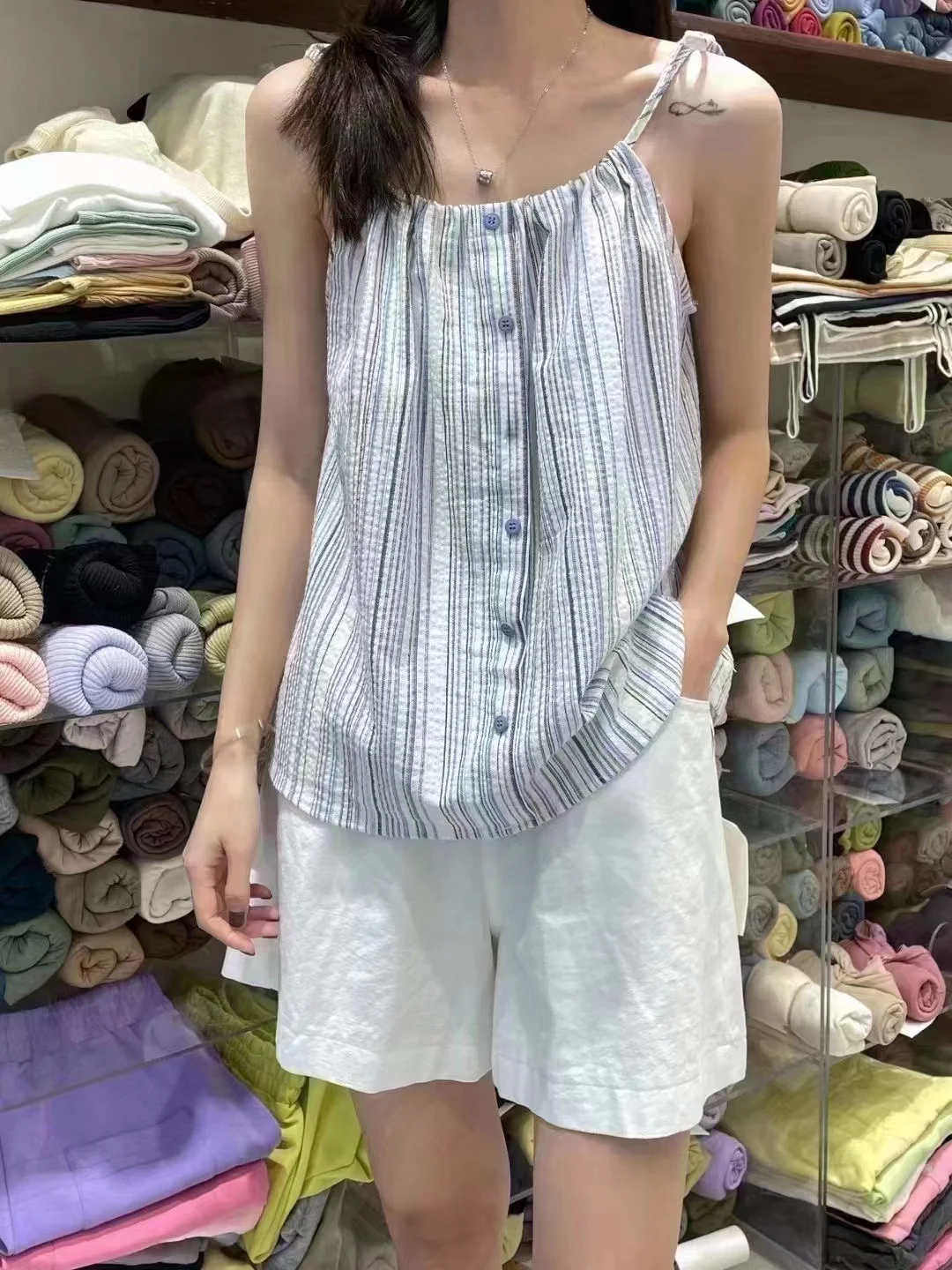 Summer Stripe Cami Loose Outer Wear Sleeveless Short Top