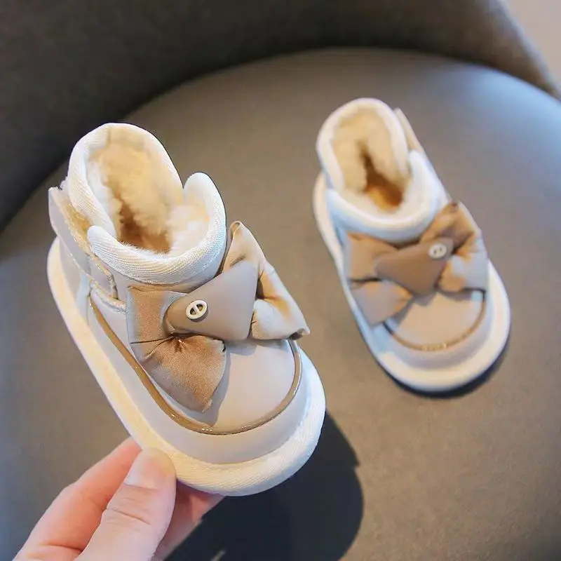 Child Shoe Girl Soft Soled Cotton Shoe Plush Walking Shoes Anti Slip Snow Boots High Top Leather Boots Large Bow Princess Shoes