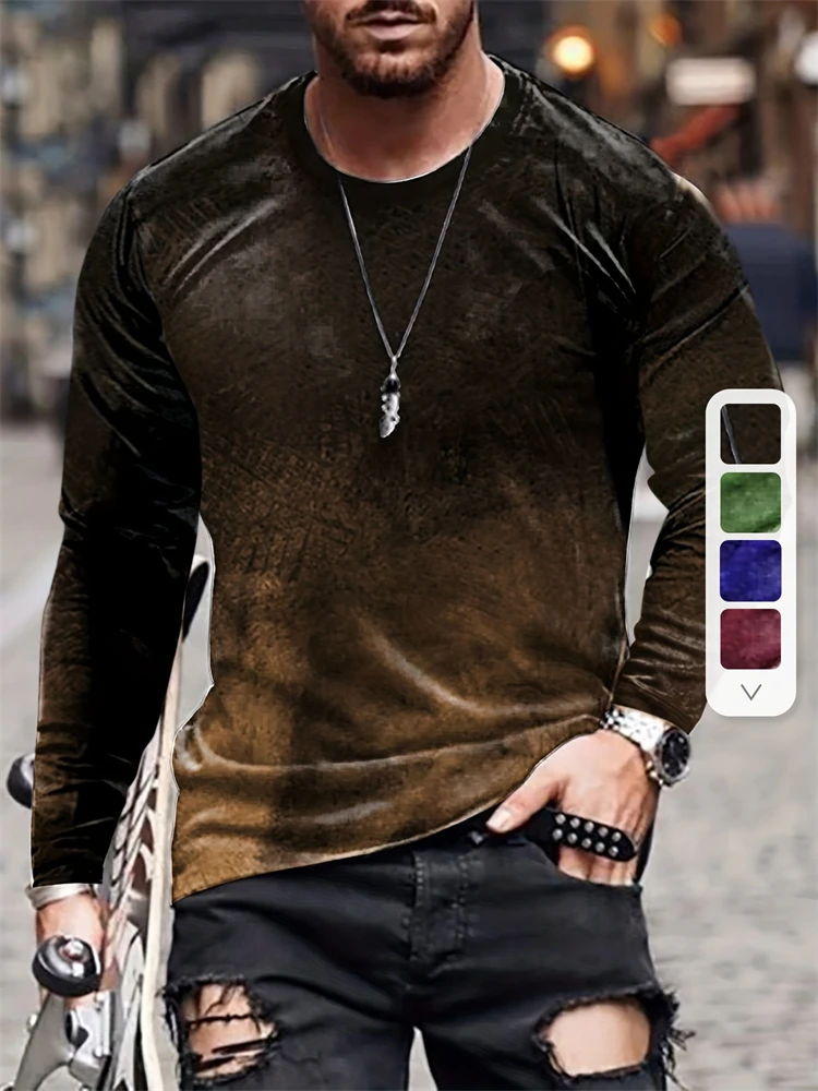 

Винтажная мужская футболка с длинным рукавом, футболка с градиентным принтом, мужская дышащая одежда, большой уличный повседневный топ с круглым вырезом